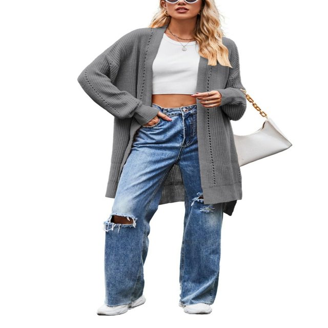 Pull Tricoté à Manches Longues Ouvert devant Couleur Unie Automne pour Femmes