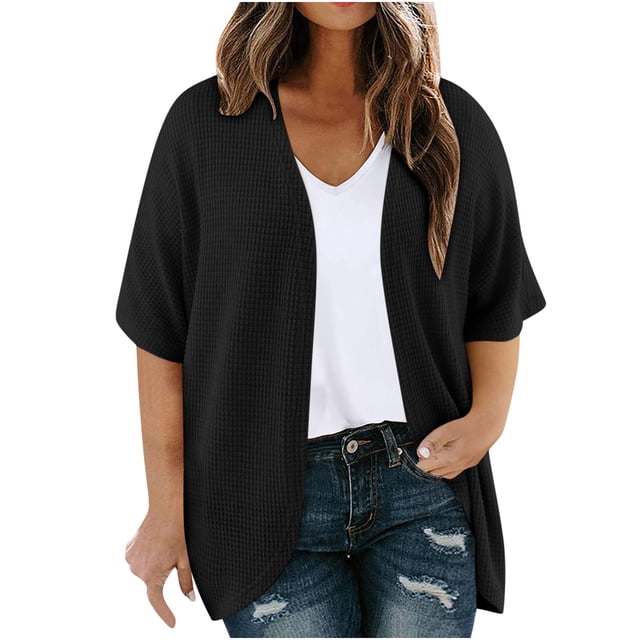 Plebaso Womens Plus Size Cardigan Short Sleeve Summer Cardigans Open Front Casual Blouses with Pockets
