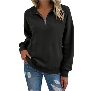 LMKIHUSA Half Zip Sweatshirts for Women Casual Trendy Plain Lapel Pullovers Long Sleeve Lightweight Fall Sweatshirts with Pockets Black,XXL