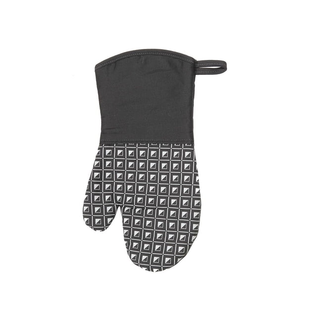 Mitaine de Four à Imprimé Silicium (Geo) (Gris) - Ensemble de 4 Montrant une Mitaine de Four Grise avec une Manchette Noire et une Impression Géométrique Blanche en silicone Carrée sur la Zone de la Main, avec une Boucle de Suspension, Conçue pour Protéger les Mains de la Chaleur Lors de la Manutention d'Articles de Cuisine Chauds.