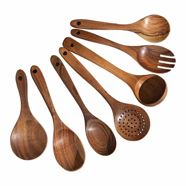 Product Tableware 2 - 7PCS Wooden Cooking Utensils Kitchen Utensil Natural Teak Wood Spatula Spoon Set for Nonstick Pans - Durable Hardwood Tools