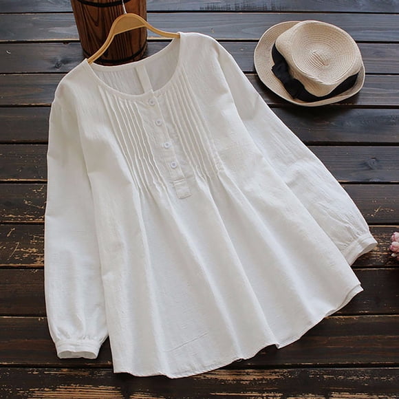 Pompotops Women Summer Fashion Casual Loose Linen Solid Full-Sleeve O Neck Tops Blouse