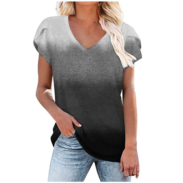 Pompotops T-shirt Décontracté à Col en V pour Femmes de Printemps et d'Été, Haut Imprimé à Manches Courtes, Liquidation