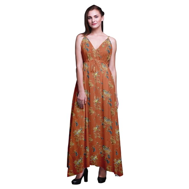 Bimba Robe Longue Maxi Imprimée Oiseaux pour Femmes, Tenue d'Été, Grande Taille