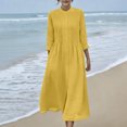 thumbnail image 1 of Robes Maxi en Coton et Lin pour Femmes, Robe Tunique à Boutons Col Ras du Cou Manches Longues Plissée Ligne a Fluide Longues Robes Robes à Oeillets pour Femmes Jaune P, 1 of 9