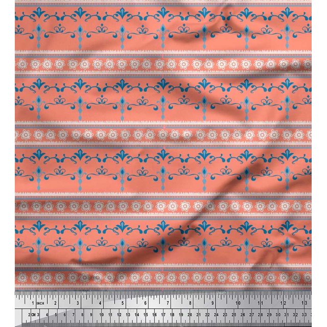 Soimoi Polyester Crepe Fabric Stripe,Floral & Filigree Damask Print Sewing Fabric Yard 52 Inch Wide