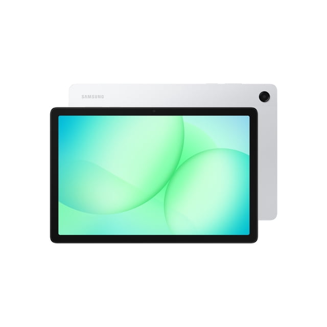 Samsung A11+ 128 Go 6 Go + 128 Go Tablette pour Enfants avec Écran TFT de 11 Pouces à Résolution 1920 x 1200 et Taux de Rafraîchissement de 90 Hz, Affichant un Papier Peint Abstrait Vert et Bleu, Vue avant avec Bords Noirs et Arrière Argenté avec un Appareil Photo 8MP dans le Coin Supérieur Droit, Convient aux Applications Éducatives et à la Consommation de Médias.
