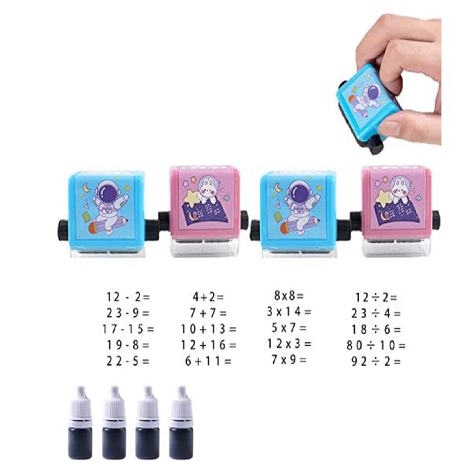 Dvkptbk Rolling Stamp Rouleau à Tampons Roulant Enseignement Numérique, 2023 Nouveau Rouleau de Maths pour Addition Soustraction Multiplication Division, Rouleau de Chiffres pour -4 Pcs4x Encre(5ml) Rolling Stamp