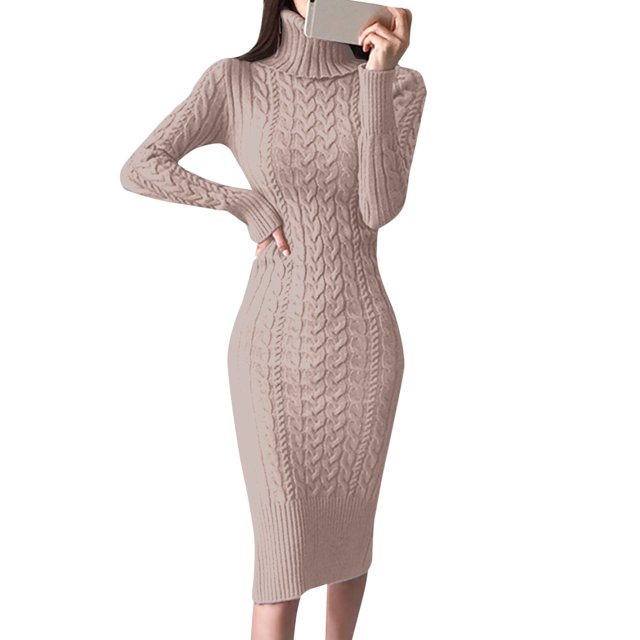 Kcodviy Robe Chandail à Col Roulé à Manches Longues pour Femmes Robes Chandail à Manches Longues Robe Moulante en Tricot à Col en V pour Femmes Robe Midi Chandail Robes