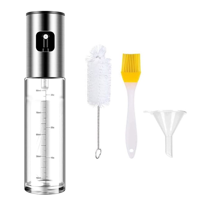 Agiferg Ensemble de 4 Bouteilles d'Injection en Acier Inoxydable 304 avec un Pulvérisateur d'Huile en Verre transparent Comprenant des Repères de Mesure, un Bouchon en Acier Inoxydable, une Brosse de Nettoyage Blanche, une Brosse de Gril en silicone Jaune et un Entonnoir transparent. Convient à la Distribution d'Huile, au barbecue et à la Cuisson.