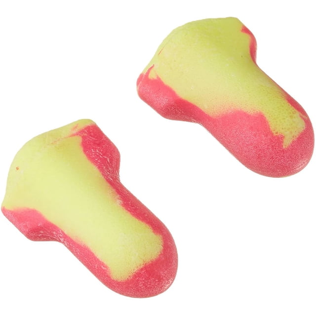 High Visibility Disposable Foam Earplugs in pink and yellow, shown in a close-up view. These earplugs feature a contoured T-shape for easy insertion and removal, made from self-adjusting foam that expands to fit various ear sizes. Designed for excellent noise reduction with an NRR of 32, they are ideal for loud workplaces such as construction, manufacturing, and mining. The smooth, soil-resistant foam surface helps maintain hygiene. Sold as a box of 200 pairs.