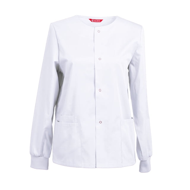 Womens Scrub Jacket Workwear Snap Front Warm-up Scrubs Jacket in white, designed for uniforms and workwear. Features a round neck, long sleeves, snap closure, and three patch pockets. Made from 65% polyester and 35% cotton, suitable for machine wash and dry.