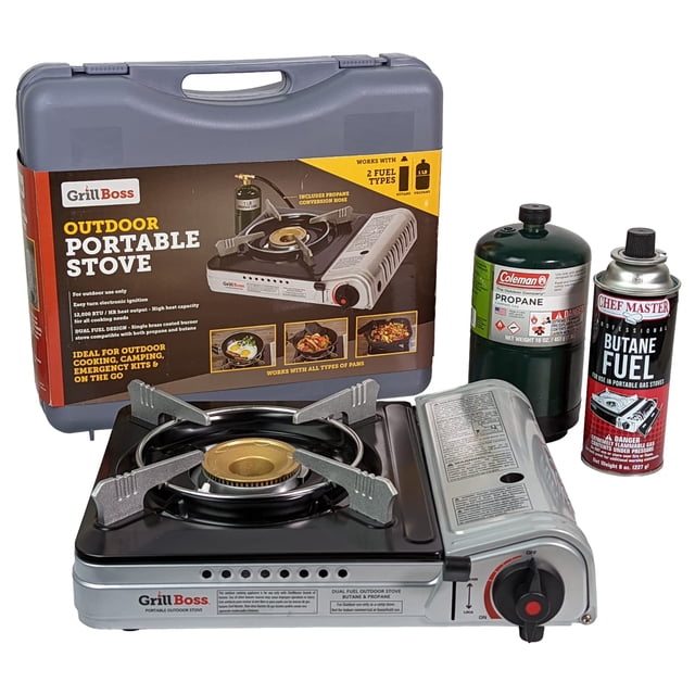 Réchaud Portatif à Double Carburant par Grill Boss 90057, Conçu pour Être Utilisé avec des Carburants au butane et au propane. l'Image Montre le Réchaud avec un Brûleur Simple, un Étui de Transport compact, une Cartouche de propane et une Cartouche de Carburant au butane Chef Master. Convient au camping, à la Cuisine en Plein Air, à la Randonnée et aux Préparatifs d'Urgence. les Caractéristiques Incluent un Corps en Métal durable, un Bouton de Contrôle de Flamme et une surface de Cuisson stable.