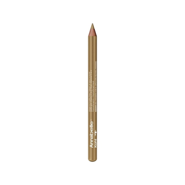 Annabelle Metallic Kohl Long-Lasting & Intense Vegan Eyeliner pencil in metallic gold with a sharpened tip, featuring white brand text and vegan cruelty-free claims, designed for precise eye makeup and suitable for sensitive eyes.
