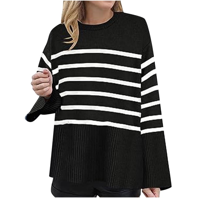 Yuyuzo Chandails pour Femmes à Rayures Manches Longues Col Rond Chandail Jumper Hauts Basiques Tricot Côtelé Blouse d'Automne