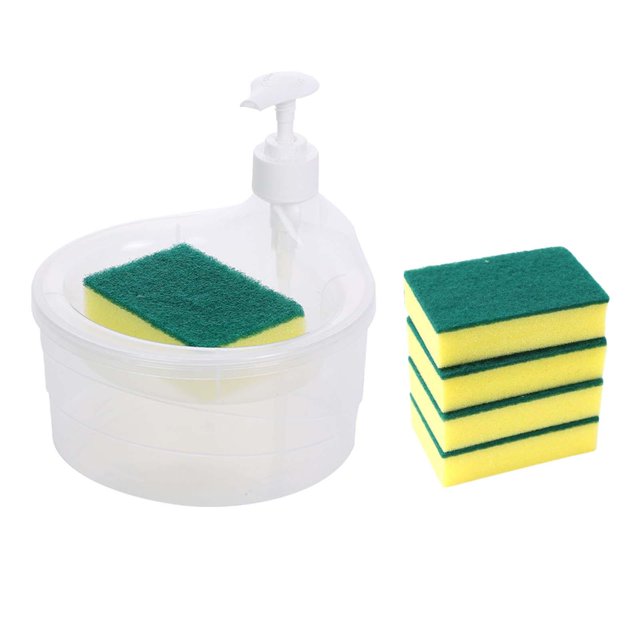 Dish Soap Dispenser and Sponge Holder, Empty 1000ml Capacity Liquid Pump Bottle Clear