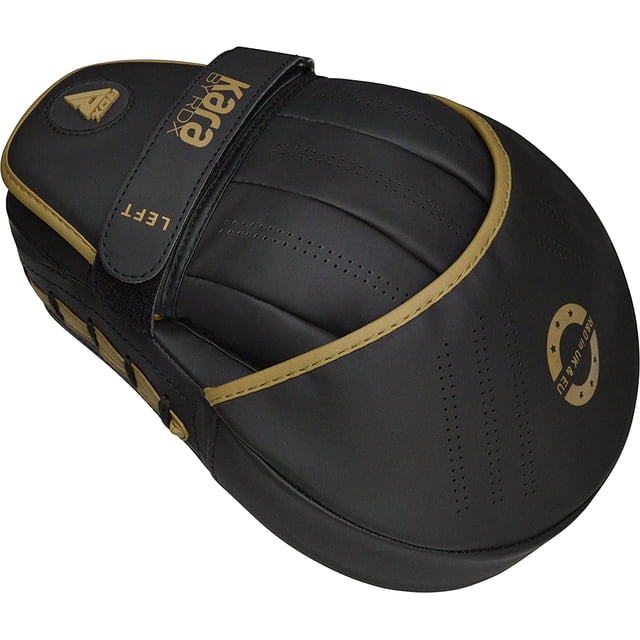 RDX Focus Boxing Punch Mitts, punching target and training pads made of durable Maya Hide L'orme Skin Leather in black and gold. The curved surface measures approximately 10 x 7.5 x 1.75 inches, ideal for boxing, MMA, kickboxing, Muay Thai, karate, and BJJ training. Features padded construction for optimal protection and reduced impact during strikes.