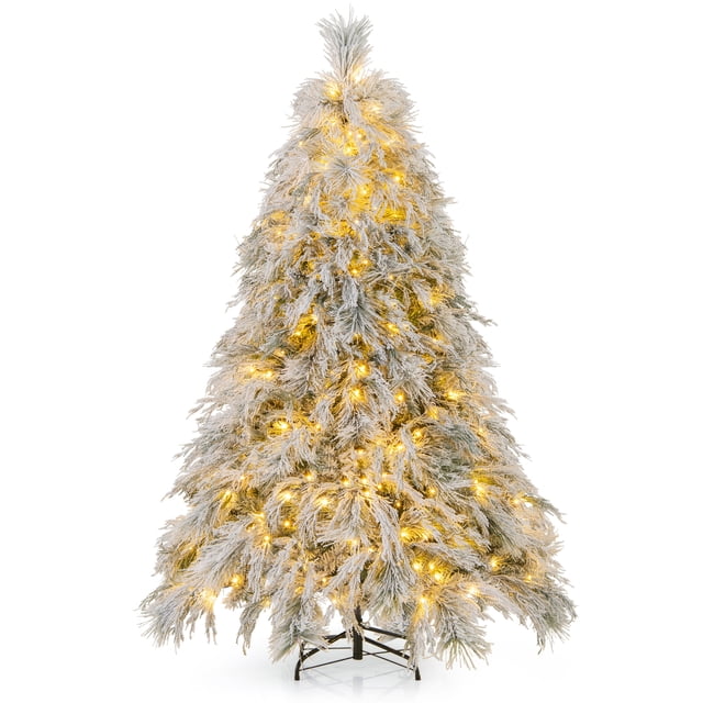 Patiojoy 6 FT Snow Flocked Christmas Tree Hinged Pre-lit Xmas Tree with Branch Tips Warm White LED Lights