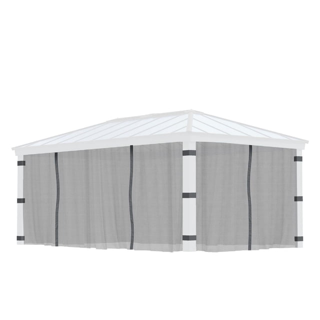 CANOPIA by PALRAM Mosquito Netting Set for 12 ft. x 20 ft. Dallas Gazebo featuring grey polyester mesh screens enclosing a white gazebo frame with four connected panels, vertical zippers, and corner tiebacks, providing insect protection while allowing airflow and visibility, also suitable for creating a private outdoor space.