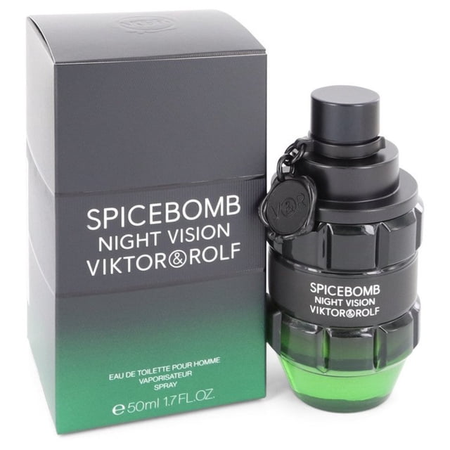 Spicebomb Night Vision by Viktor & Rolf Eau De Toilette Spray 1.7 oz for Men, presented in a grenade-shaped black and green bottle alongside its branded box. This men's fragrance is a luxury cologne designed for evening wear.