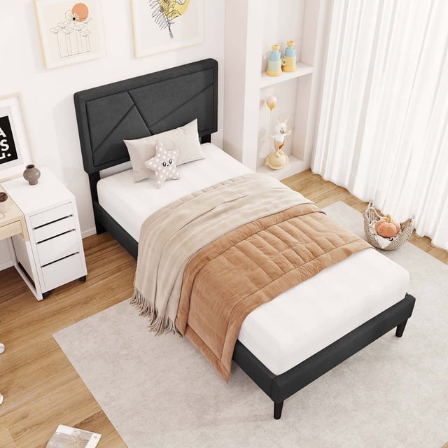 Costway Twin Size Bed Frame with High Headboard & Wooden Slats No Box Spring Needed