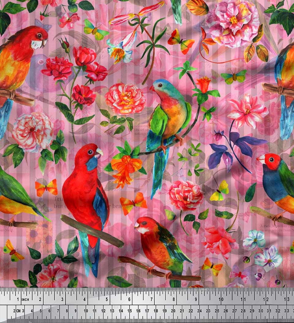 Soimoi Pink Silk Fabric Stripe,Floral & Parrot Bird Decor Fabric Printed BTY 42 Inch Wide