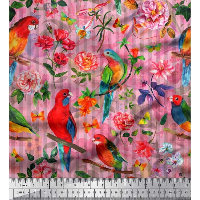 Soimoi Pink Polyester Crepe Fabric Stripe,Floral & Parrot Bird Decor Fabric Printed BTY 52 Inch Wide