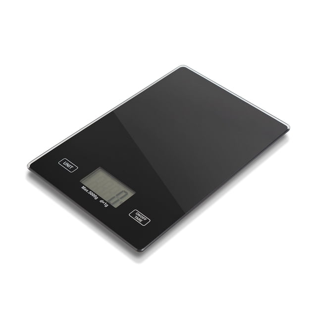 Amdohai Digital Kitchen Scale Food Scale with a black tempered glass platform, featuring a digital display for easy-to-read measurements in grams, ounces, and pounds. Includes touch-sensitive buttons for unit conversion and tare function, USB rechargeable, and designed for precise weighing up to 5000g with 1g resolution. Ideal for measuring vegetables, meat, fruits, spices, and liquids in the kitchen.