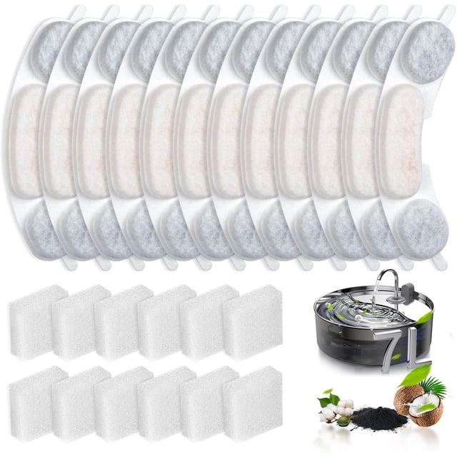 12 Pack Replacement Filters and Sponge for Smartoo 7L / 236oz / 1.8Gal Stainless Steel Dog Water Fountain. Includes 12 filters and 12 sponges, designed for efficient filtration with activated carbon, ion exchange resin, and nonwoven materials to remove odors, hair, and debris. High-density sponges help capture fine particles. Compatible with Smartoo 7L stainless steel dog water fountains. The image shows the filters and sponges arranged in rows, with a visual of the water fountain and filtration materials like activated carbon and coconut shells.
