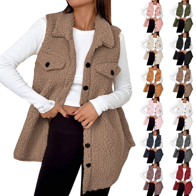 Tranfacy Gilet en Molleton pour Femmes, Manteaux d'Hiver pour Femmes, Veste Décontractée à Col Rabattu et Boutons, Couleur Unie