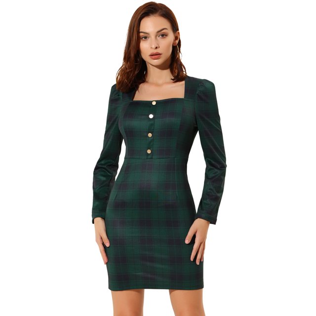 INSPIRE CHIC Robe Mini à Carreaux pour Femmes, Col Carré, Manches Longues Bouffantes, Taille Haute, Ligne A, S Vert