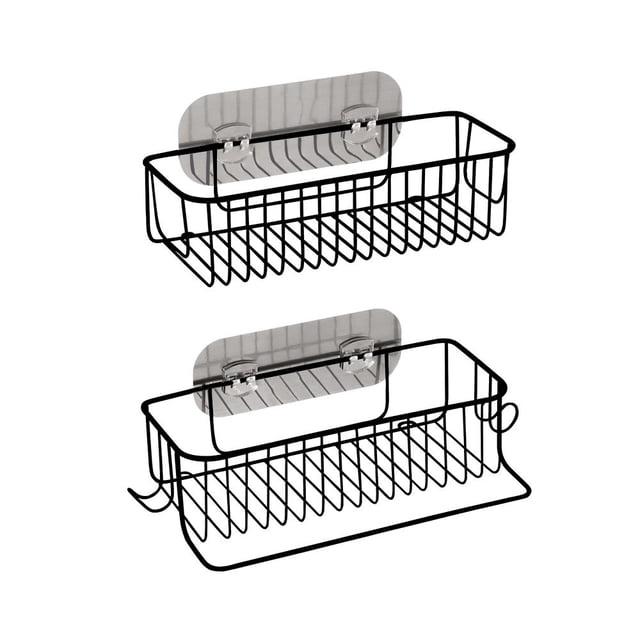 2 Pieces Bathroom Organizer Rack, Stainless Steel Basket Shelf with Towel Bar for Shower Storage. This black shower caddy set includes two adhesive-mounted racks with hooks and a towel bar, perfect for organizing toiletries, kitchenware, or household items. Made of rust-resistant stainless steel, it is easy to install and suitable for bathrooms, kitchens, and more.