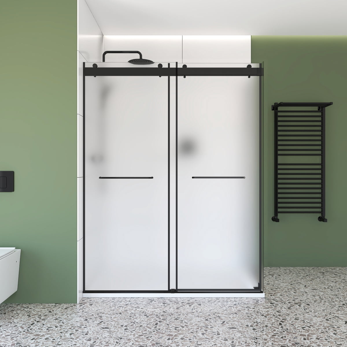48" x 36" Ensemble de douche coulissante d’angle noir – Portes sans cadre à double contournement avec verre trempé givré de 6 mm, installation à gauche et base SMC