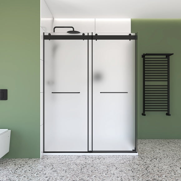48" x 36" Black Corner Sliding Shower Kit – Frameless Double Bypass Doors with 6 mm Frosted Tempered Glass, Left‑Hand Installation & SMC Base