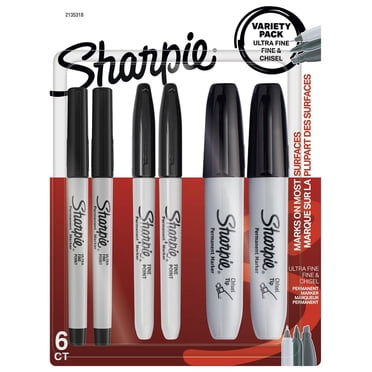 Paquet de marqueurs permanents Sharpie assortis incluant des marqueurs à pointe fine, ultrafine et biseautée, encre noire, paquet de 6