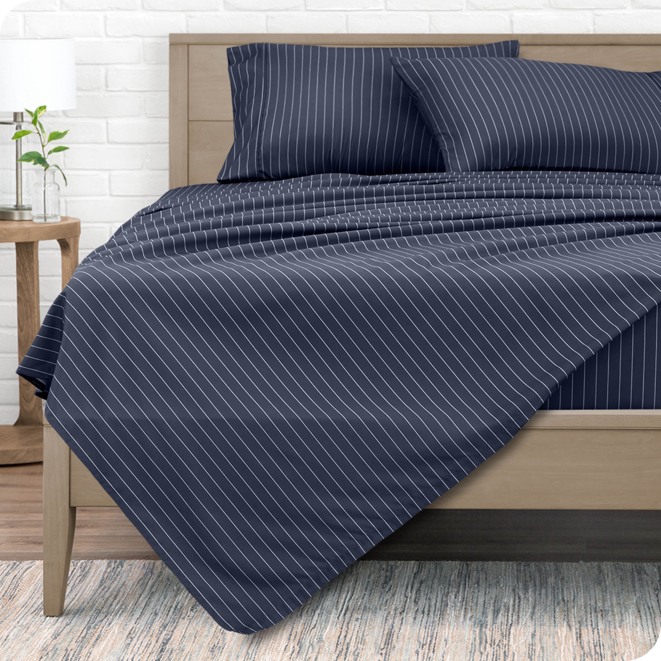 Bare Home Ultra-Soft Sheet Set - Premium 1800 Collection - Deep Pockets - 4-Pieces - Queen, Pinstripe - Midnight/White