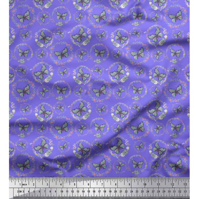 Soimoi Purple polyester Crepe Fabric Wreath & Butterfly Print Fabric by the Yard 52 Inch Wide