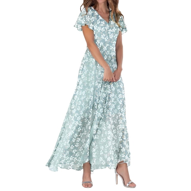 WTXUE Robes d'Été pour Femmes 2024, Robe d'Été Décontractée à la Mode pour Femmes à Fleurs, Col en V, Manches Courtes, Longue, Col en V, Manches Courtes, Patte, Robe de Loisirs, Noir