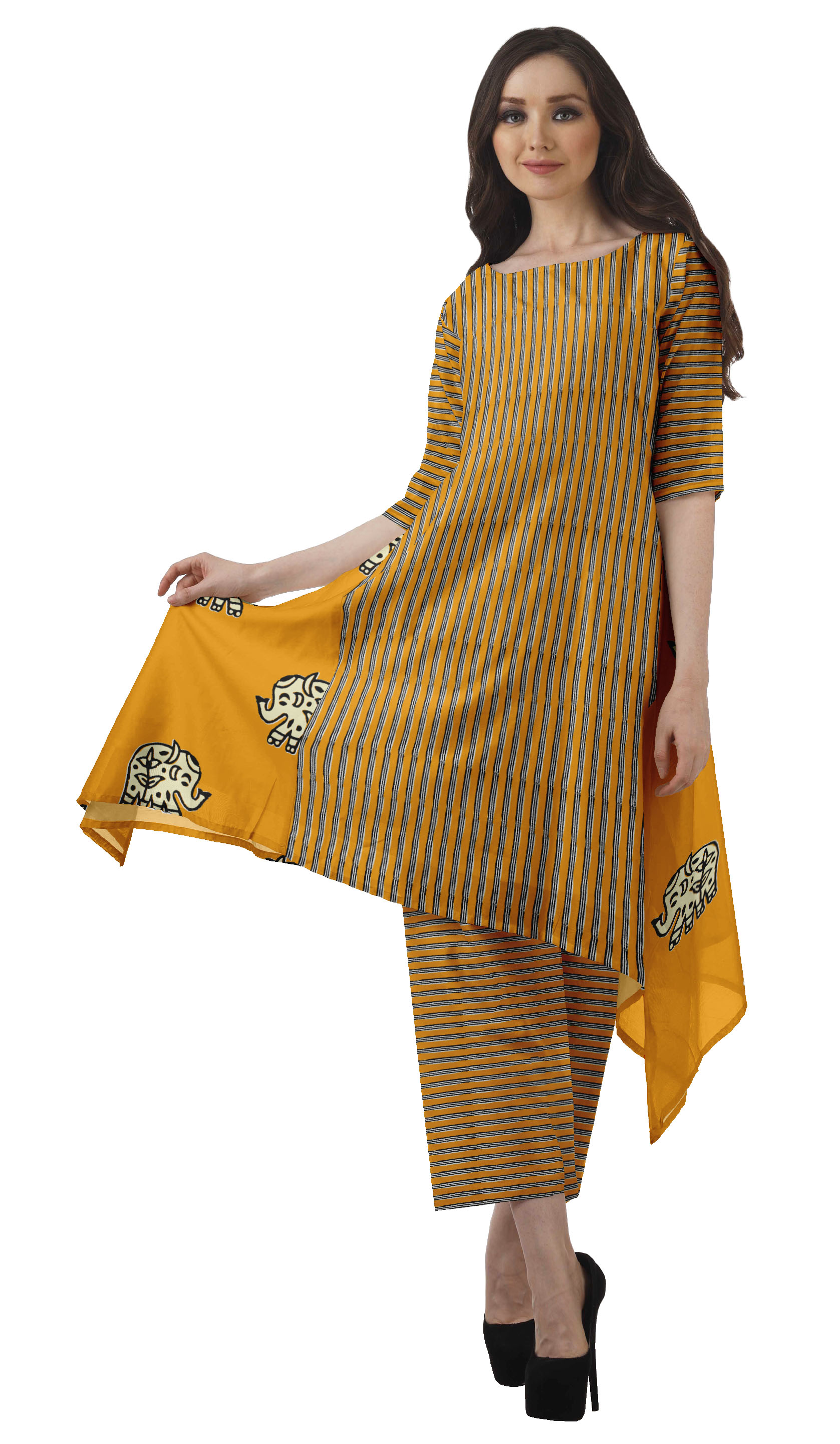 Moomaya Ensemble Kurti Asymétrique Imprimé pour Femme Grande Taille, Chanderi en Coton, 1 Unité