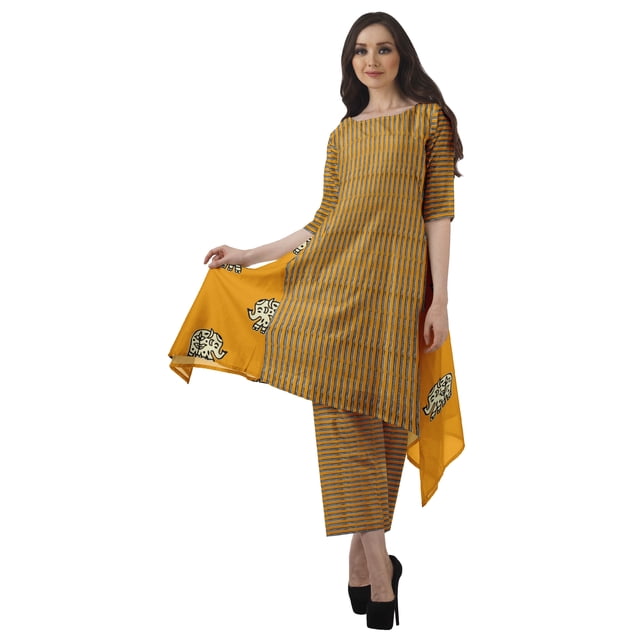 Moomaya Women's Plus Size Printed Asymmetric Kurti Pant Set, Cotton Chanderi, 1 Count