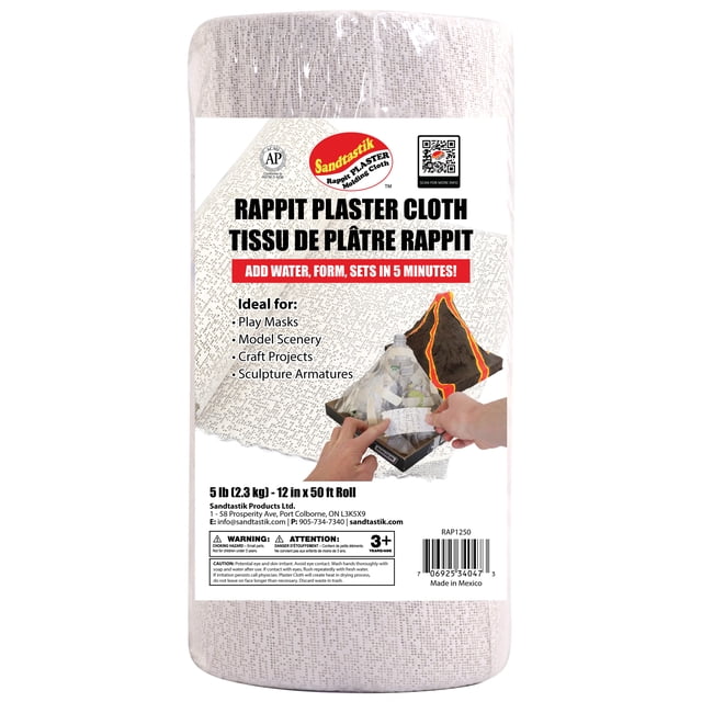 Sandtastik RAP1260 Rappit Tissu de Moulage en Plâtre Bandage de Qualité Médicale, Rouleau de 12 Pouces par 60 Pieds, Idéal pour des Projets d'Arts et d'Artisanat comme des sculptures 3D, des Masques, des dioramas et des Moulages de Corps Maternel. Offre un Séchage Rapide, une Finition Lisse et durable et un Durcissement Compatible Micro-Ondes. Multicolore et Sécuritaire pour 8 Ans et Plus, Couramment Utilisé dans les Composites de Modelage et les Fournitures en Céramique.