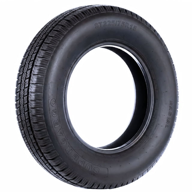 Super Cargo ST506 Radial ST225/75R15 10PR Utility Trailer Tire shown in a 3/4 front view, black tubeless radial tire with dense 8mm highway tread for all-season traction, Load Range E 10-ply design supporting 2830 lb at 80 psi, ideal for boat, horse, and cargo trailers.