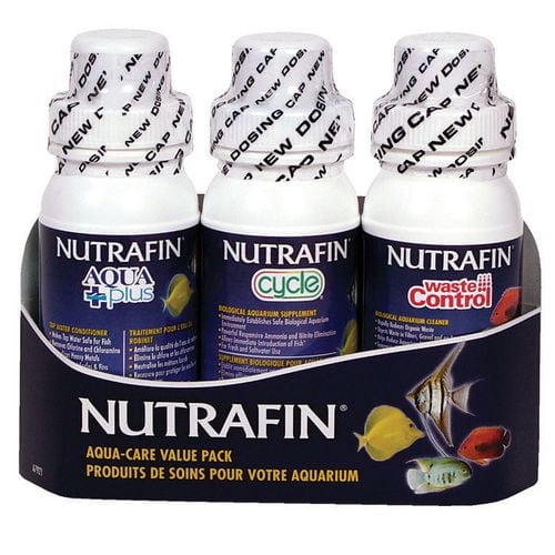 Nutrafin Aquarium Water Care Aqua-Care Value Set, 3 pack containing three 120 mL bottles: Aqua Plus tap water conditioner for tropical fish, Cycle biological supplement to establish a safe aquarium environment, and Waste Control biological cleaner to reduce waste buildup, displayed in a branded holder with images of tropical fish.