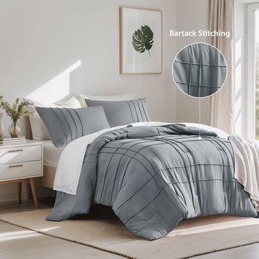 Regency Heights King Comforter Set, Boho 3-Piece Pintuck Stitching Bedding Set, Soft Washed Pleated Bed Sets with Pillow Sham Blue/Grey