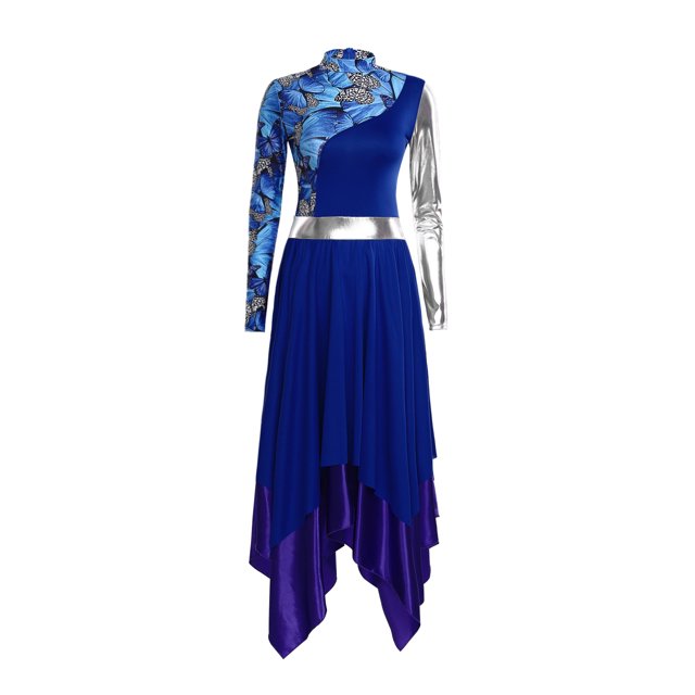 Nyeemya Robe de Danse Lyrique pour Femmes Manches Longues Métalliques Imprimé Rétro Coloré Tunique de Danse Culte Bleu TG