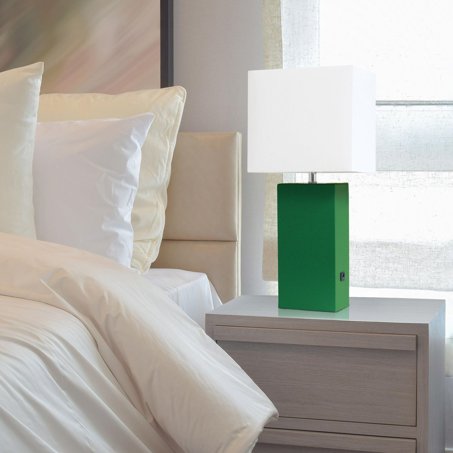 Lampe de table design moderne en cuir élégant avec abat-jour USB et tissu blanc
