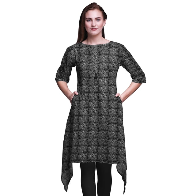 Bimba Kurta pour Femmes à Imprimé Bloc Noir Ethnique Imprimé Asymétrique Hauts d'Été pour Femmes XSmall