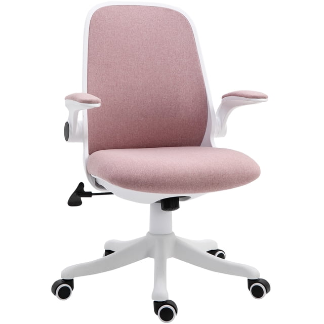 Vinsetto Office Chair Breathable Rocker with Liftable Armrest in pink and white. Features an ergonomic design with thick padding, breathable linen-style fabric, and adjustable lumbar support. Includes a rocking function, height-adjustable seat, and swivel wheels for mobility. Suitable for office or study use.