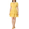 thumbnail image 2 of INSPIRE CHIC Women's Tie Neck Ruched Sleeve Elastic Waist A-Line Double Layers Ruffle Hem Short Dress M Yellow, 2 of 7