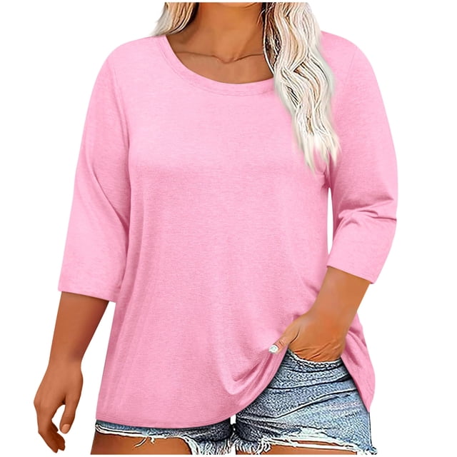 hotojiny Hauts Grande Taille pour Femmes Décontractés Amples Unis T-Shirts à Manches 3/4 Surdimensionnés Col Ras du Cou Chemise d'Été Mode 2025